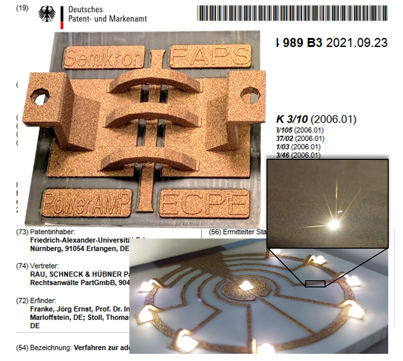 Towards entry "17.02.2022: Patent granted for additive manufacturing of a power electronic circuit carrier using laser-based selective laser melting."